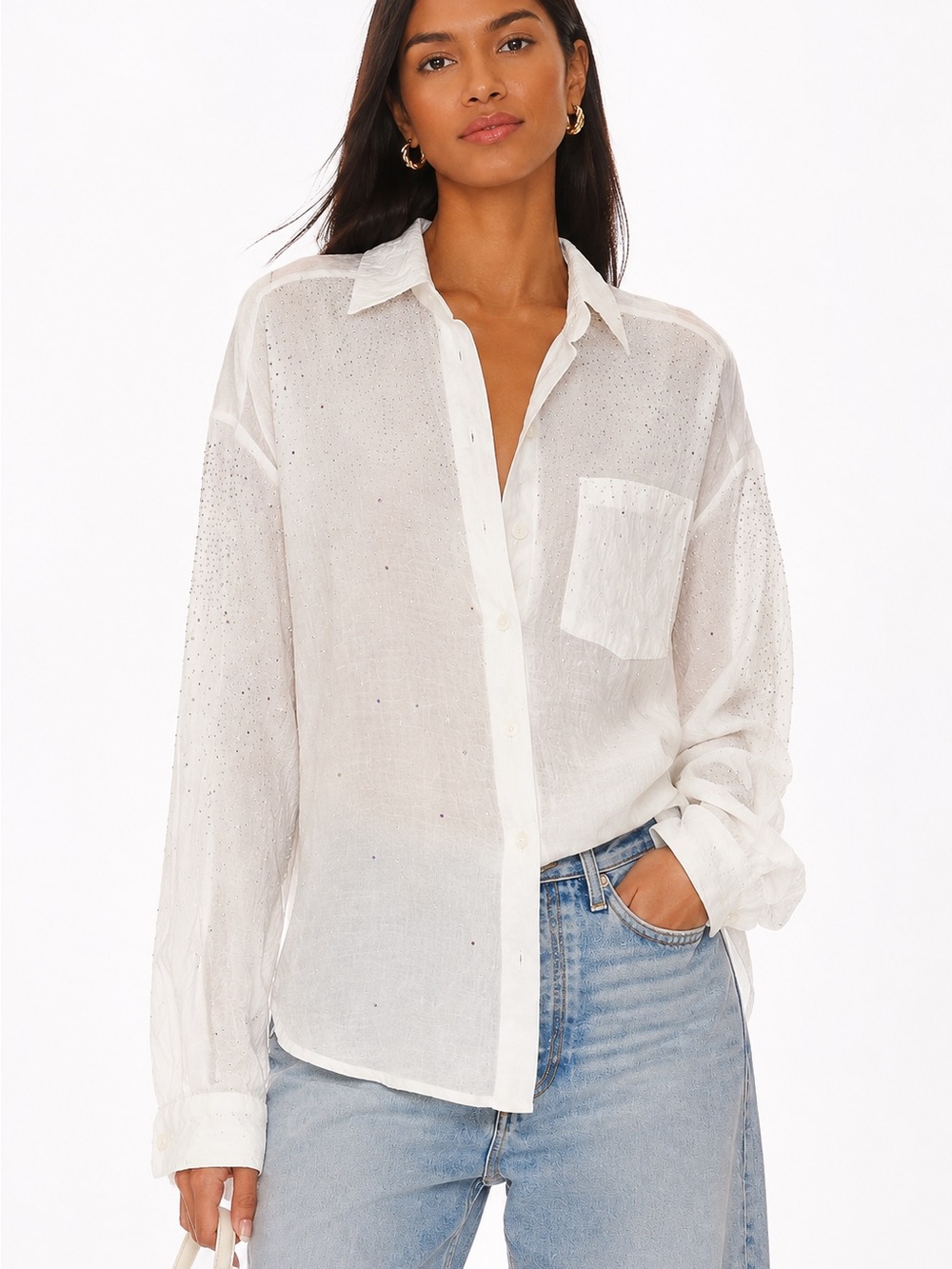 Davi & Dani White Rhinestone Embellished Button Down Shirt Size Large Rayon Blen
